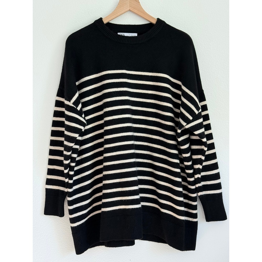 Zara Striped Sweater Large Black White Oversized Coastal Chic Knit Pullover